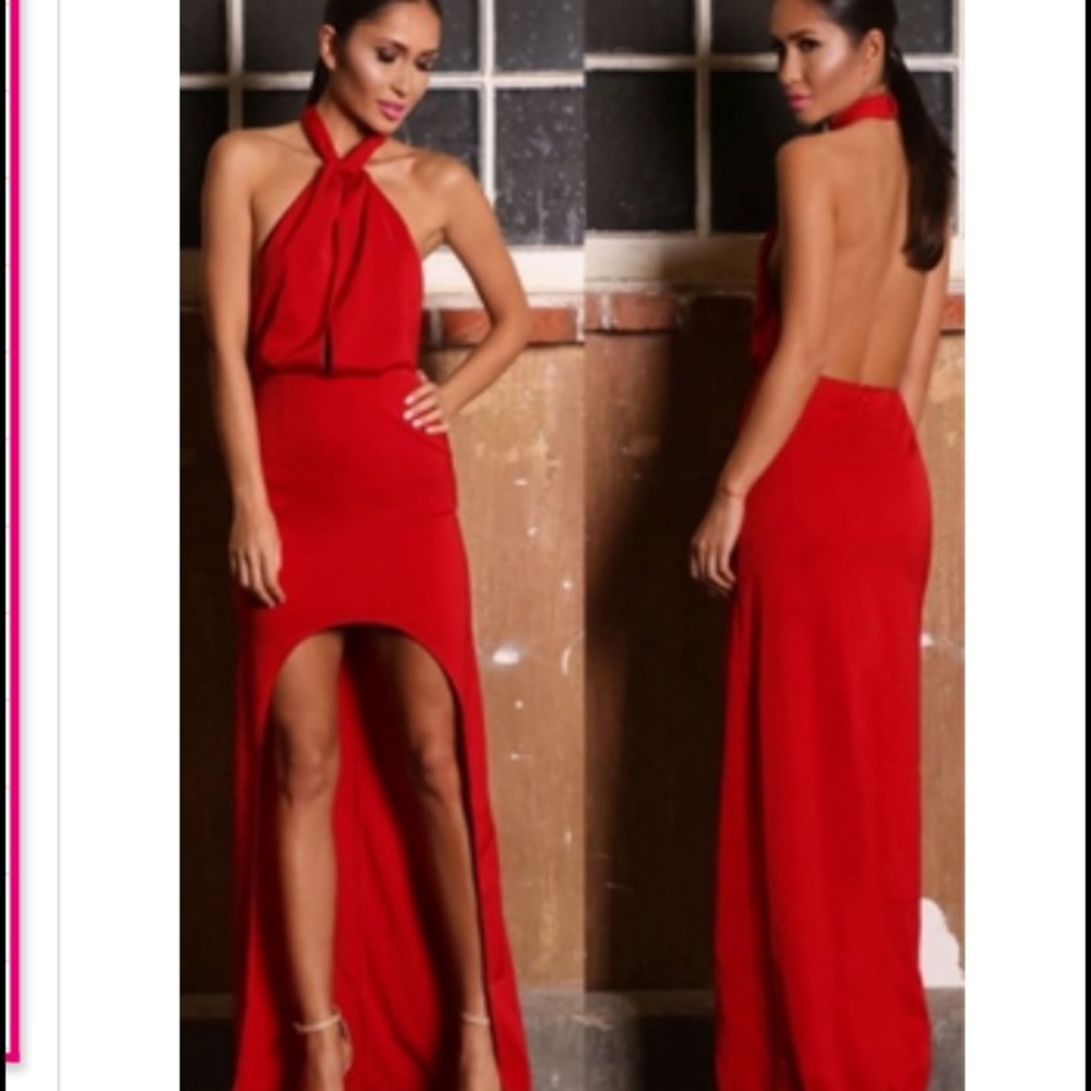Red maxi hi lo halter dress medium NWOT
